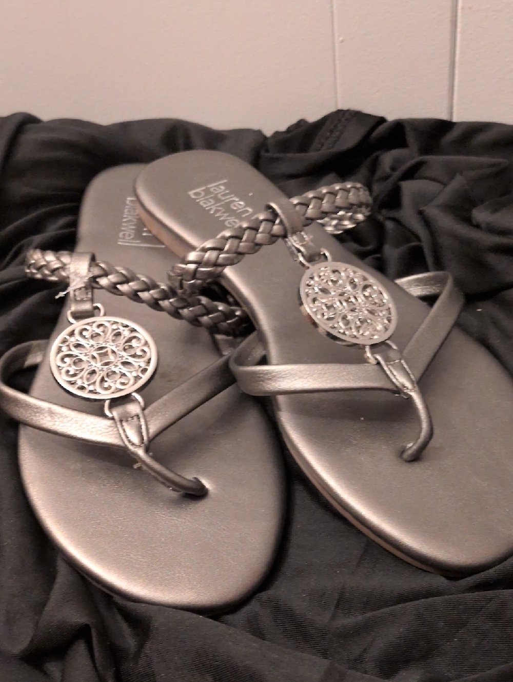lauren Blakwell Silver Braided Thong Sandals